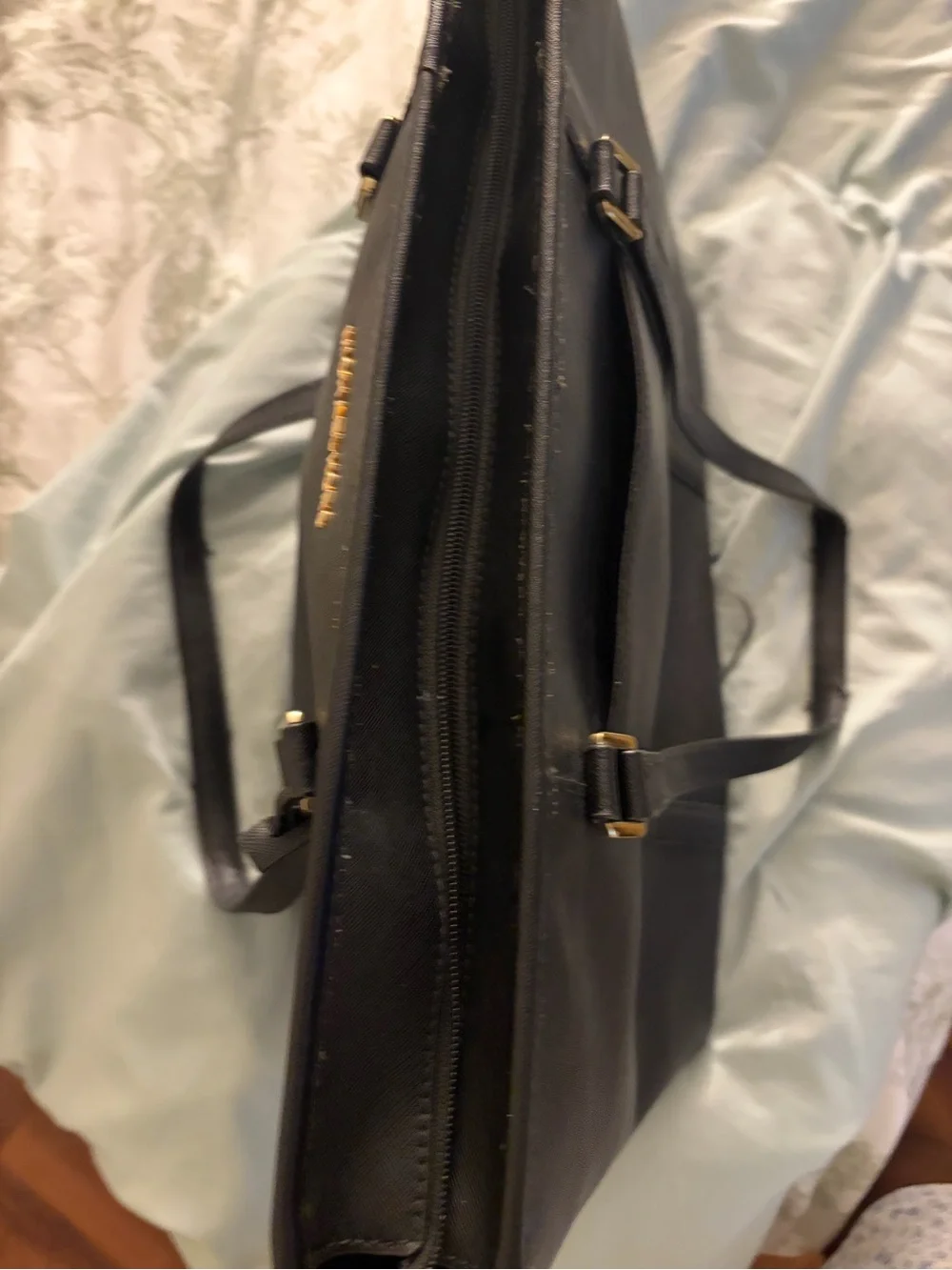 Michael Kors Black Saffiano Shoulder Tote with Gold MK Charm